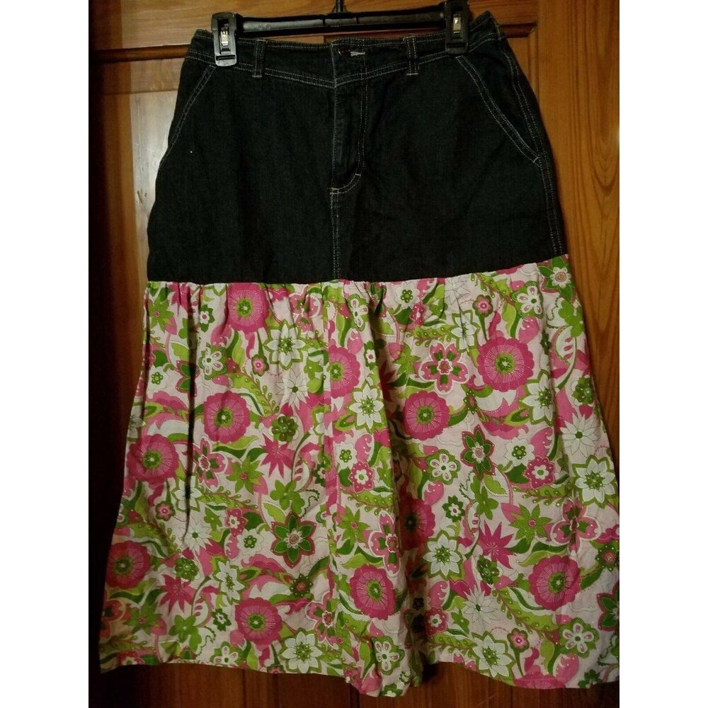 Gloria Vanderbilt Denim Skirt 8 Blue Jean Modest Womens Flare Pink Green Paisley